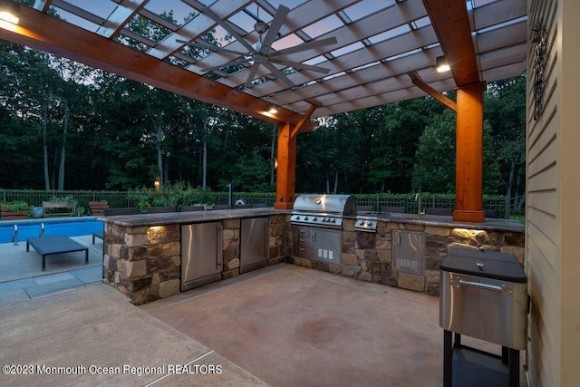 view of patio with a fenced in pool, area for grilling, a grill, fence, and a pergola