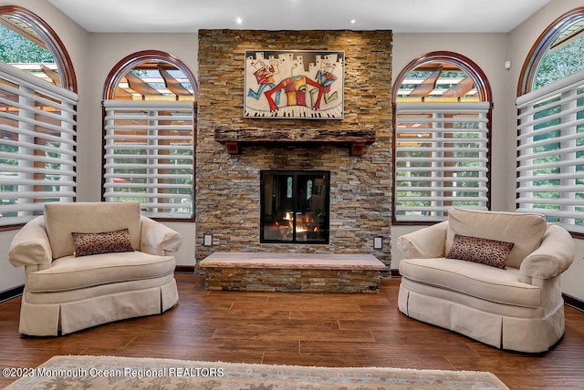 interior space featuring plenty of natural light, a fireplace, and wood finished floors