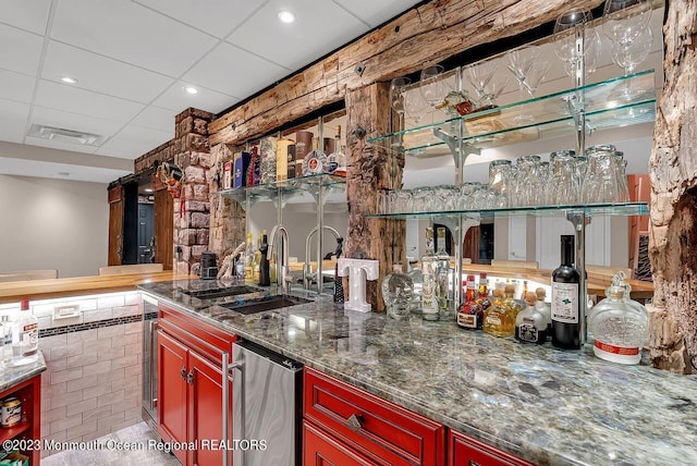 bar featuring recessed lighting, visible vents, a sink, wet bar, and a drop ceiling