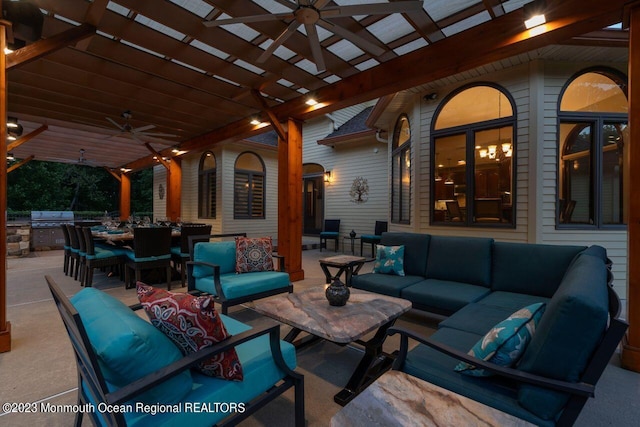 view of patio / terrace with outdoor lounge area, area for grilling, a ceiling fan, grilling area, and outdoor dining space