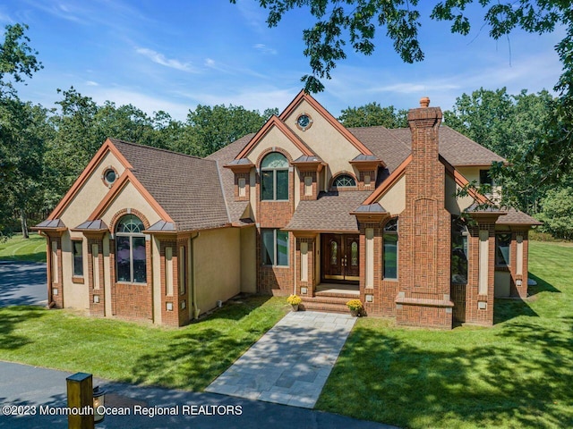 view of front of home with a shingled roof, stucco siding, a chimney, a front yard, and brick siding