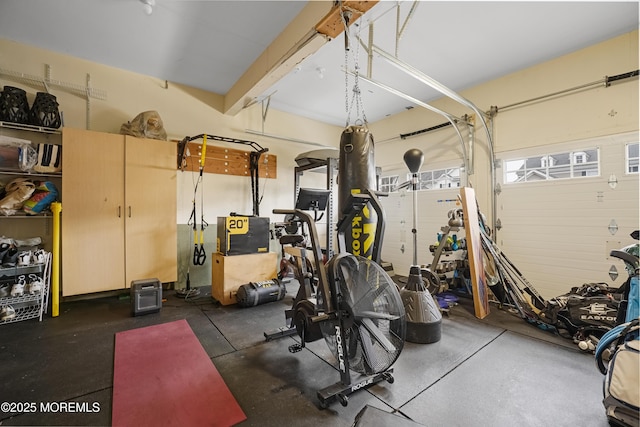 workout area with a garage