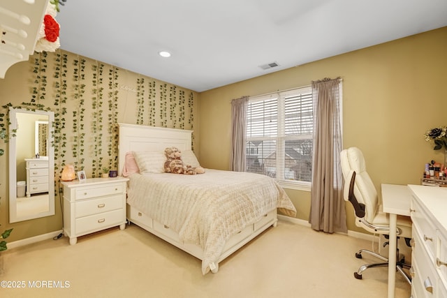 bedroom with baseboards, recessed lighting, visible vents, and light colored carpet