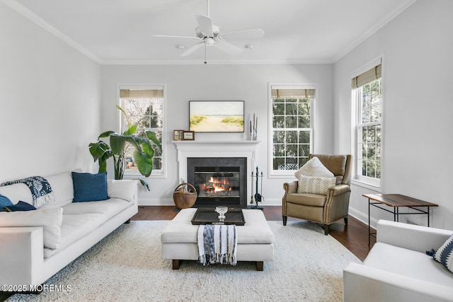 living room featuring a fireplace with flush hearth, ornamental molding, baseboards, and wood finished floors