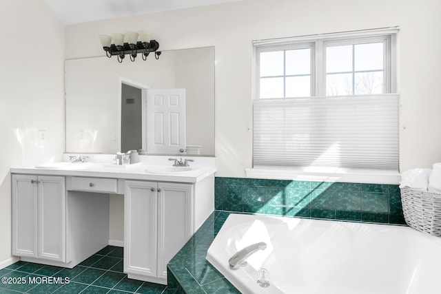 full bathroom with a garden tub, double vanity, a sink, and tile patterned floors