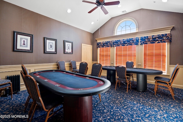 recreation room featuring lofted ceiling, ceiling fan, recessed lighting, carpet floors, and visible vents