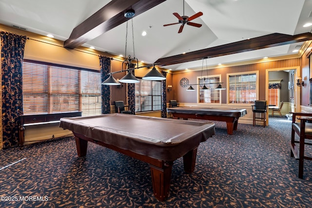 rec room featuring recessed lighting, carpet flooring, vaulted ceiling with beams, and billiards