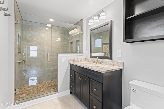 full bath featuring a stall shower, vanity, toilet, and tile patterned floors