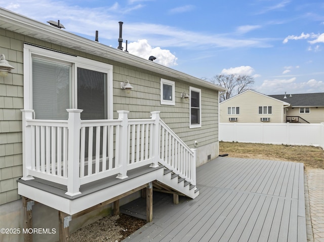 wooden terrace featuring fence