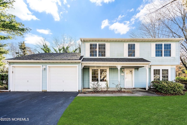 view of front of home featuring a garage, driveway, a shingled roof, covered porch, and a front yard