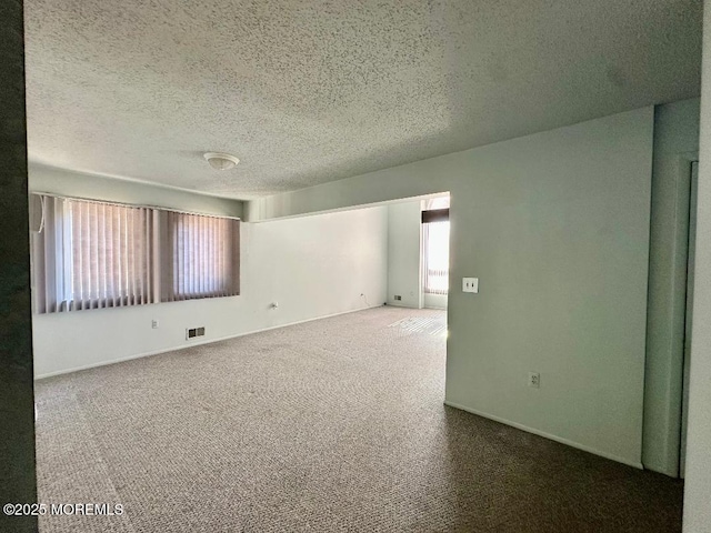 spare room featuring carpet, visible vents, plenty of natural light, and a textured ceiling