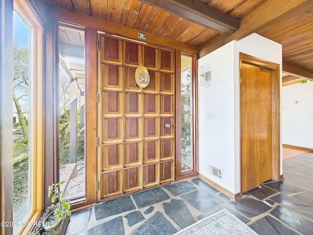 interior space with beam ceiling, stone tile flooring, visible vents, wood ceiling, and baseboards