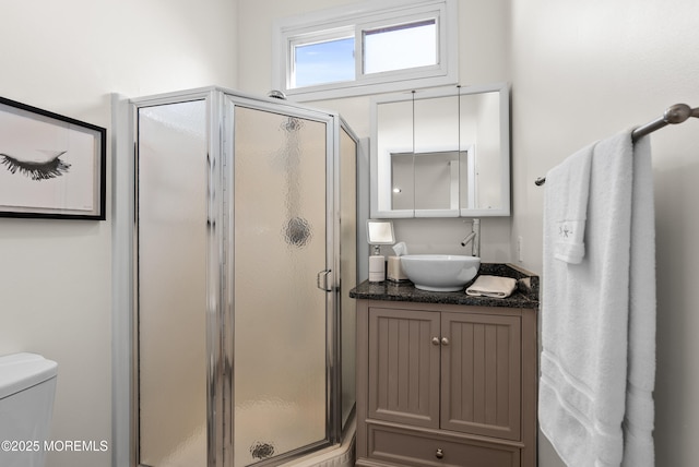 bathroom featuring toilet, a shower stall, and vanity