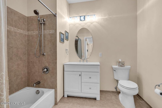 bathroom with baseboards, toilet, tile patterned floors, shower / bathtub combination with curtain, and vanity