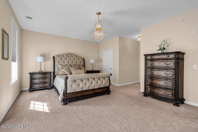 bedroom with baseboards, carpet, visible vents, and an inviting chandelier