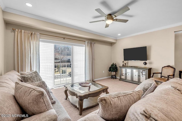 living area with light carpet, baseboards, ceiling fan, crown molding, and recessed lighting