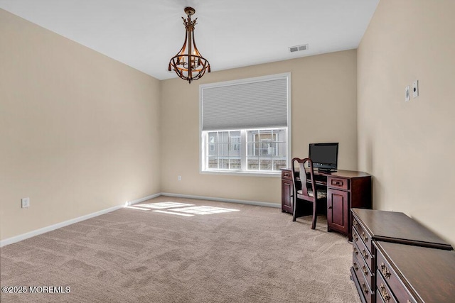 office featuring a chandelier, light colored carpet, visible vents, and baseboards