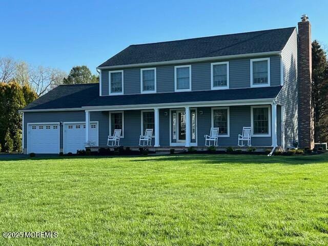 view of front of house featuring an attached garage, a chimney, a porch, and a front yard