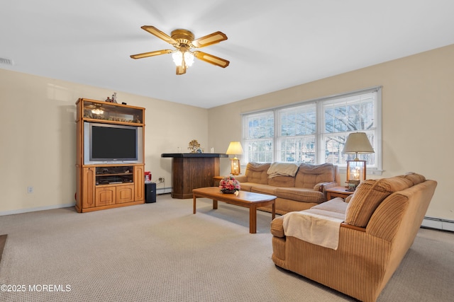 living room featuring baseboards, visible vents, light colored carpet, a baseboard radiator, and ceiling fan