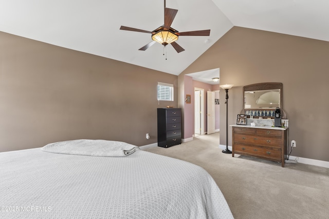 bedroom featuring high vaulted ceiling, light carpet, ceiling fan, and baseboards