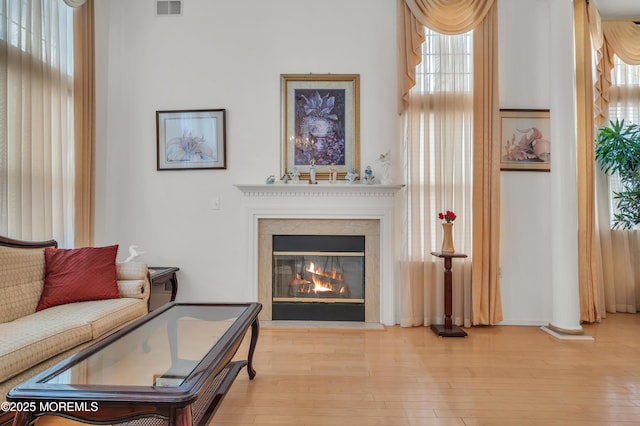 living room with a glass covered fireplace and wood finished floors