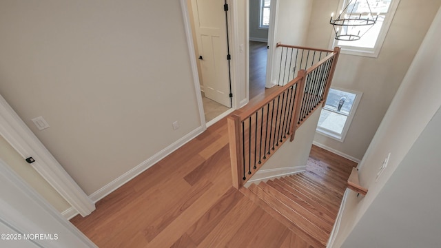 stairs featuring plenty of natural light, baseboards, and wood finished floors