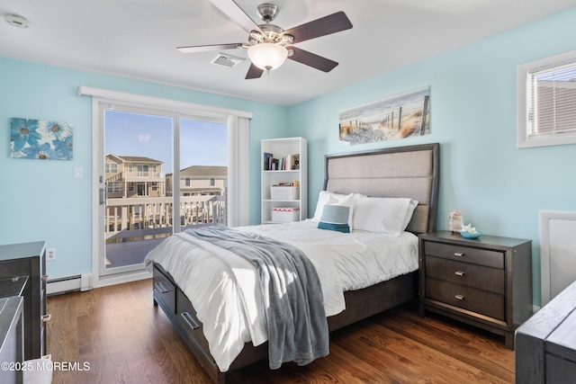 bedroom with a baseboard heating unit, visible vents, a ceiling fan, access to outside, and dark wood-style floors