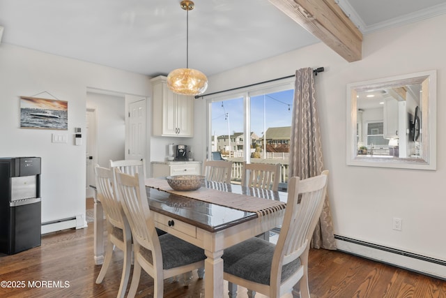 dining area with dark wood-style floors, beam ceiling, crown molding, and baseboard heating