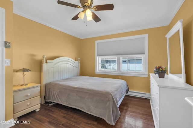 bedroom featuring crown molding, a baseboard radiator, dark wood finished floors, and ceiling fan