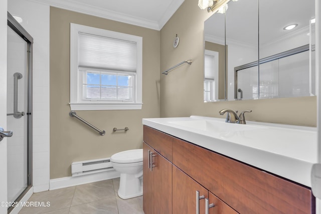 full bath with tile patterned flooring, a baseboard radiator, a tile shower, and crown molding