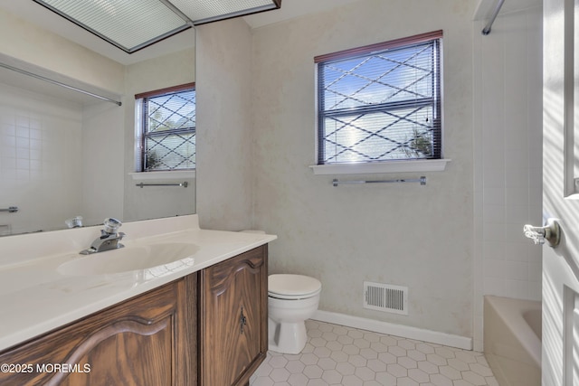 full bathroom featuring visible vents, a healthy amount of sunlight, toilet, and vanity