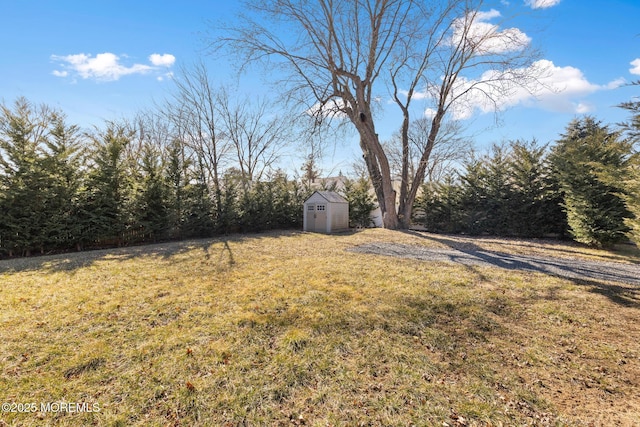 view of yard featuring an outbuilding and a storage shed