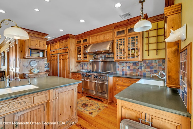 kitchen featuring visible vents, high end appliances, a sink, and exhaust hood