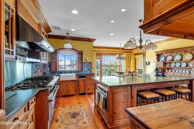 kitchen featuring brown cabinets, high end stainless steel range, ventilation hood, a kitchen bar, and a sink