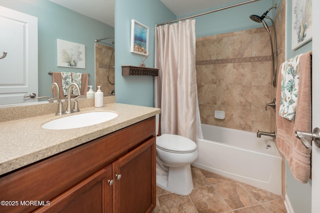 bathroom with toilet, shower / bathtub combination with curtain, and vanity