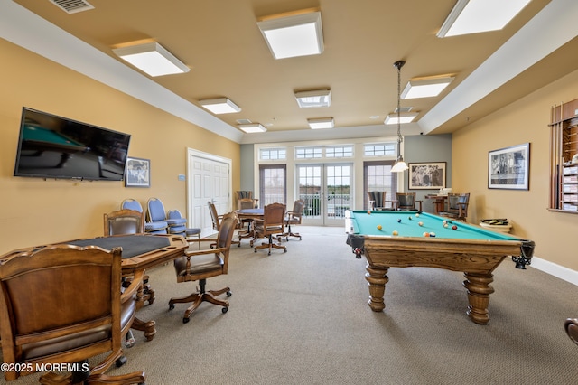 recreation room with billiards, carpet flooring, visible vents, and baseboards