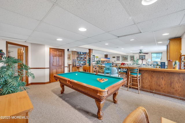 recreation room featuring billiards, a ceiling fan, recessed lighting, a bar, and carpet flooring