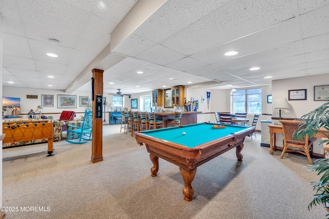 rec room featuring recessed lighting, carpet floors, pool table, a community bar, and a paneled ceiling