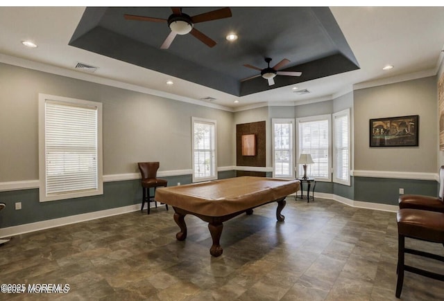 recreation room featuring a tray ceiling, pool table, visible vents, and baseboards