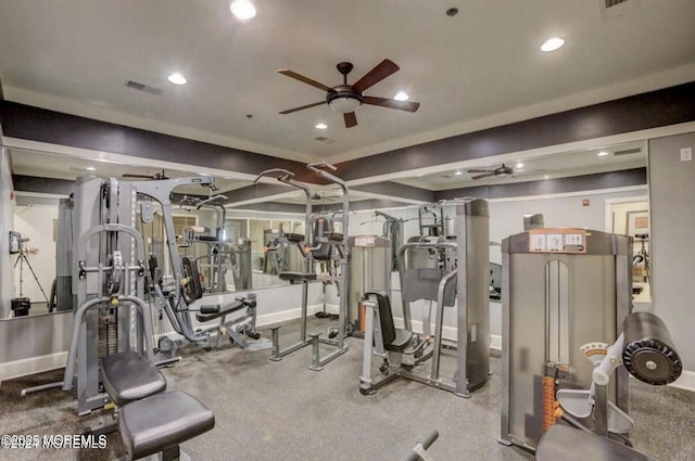 gym featuring ceiling fan, recessed lighting, visible vents, and baseboards