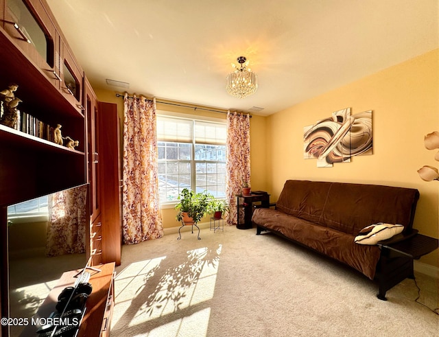 carpeted living room with baseboards