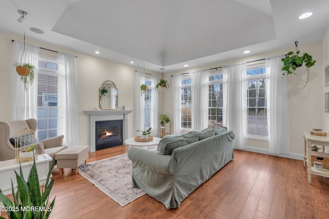 living room featuring a glass covered fireplace, a raised ceiling, and hardwood / wood-style flooring