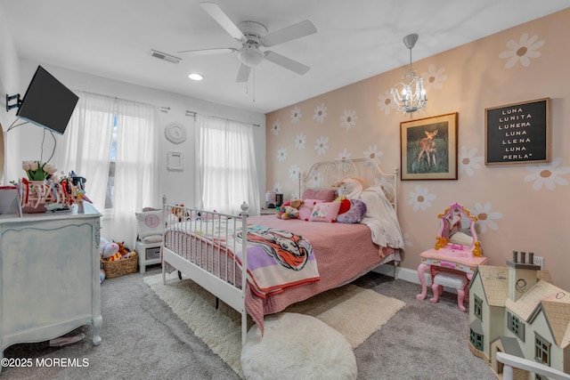 bedroom with wallpapered walls, carpet, visible vents, and baseboards