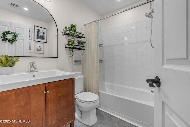 full bathroom with shower / bath combo, visible vents, toilet, tile patterned flooring, and vanity