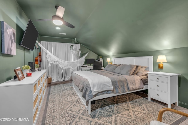 bedroom featuring vaulted ceiling and ceiling fan