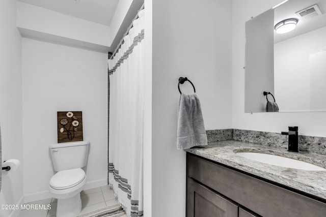 full bathroom with baseboards, visible vents, toilet, tile patterned floors, and vanity