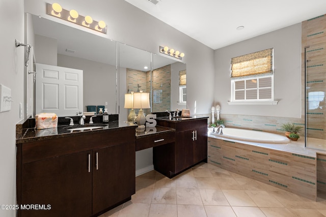 full bathroom with visible vents, a garden tub, tile patterned flooring, a tile shower, and vanity