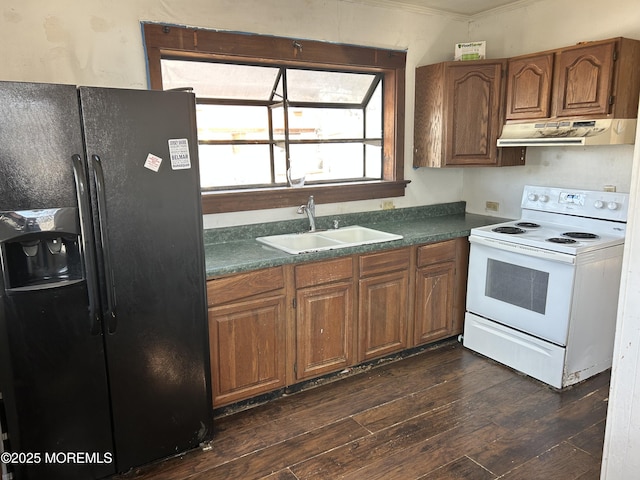 kitchen with white electric stove, black fridge with ice dispenser, dark countertops, under cabinet range hood, and a sink