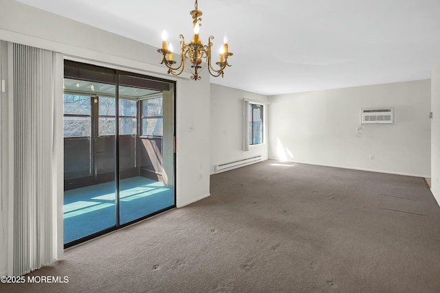 carpeted empty room with a wall mounted air conditioner, a notable chandelier, baseboards, and baseboard heating