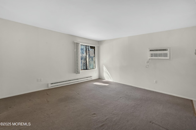 empty room with baseboards, baseboard heating, an AC wall unit, and carpet